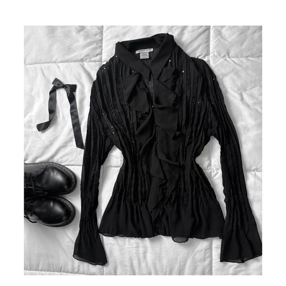 Vintage Notations Brown Ruffle  Sheer Blouse with Sequins Size Small peasant - Picture 3 of 8